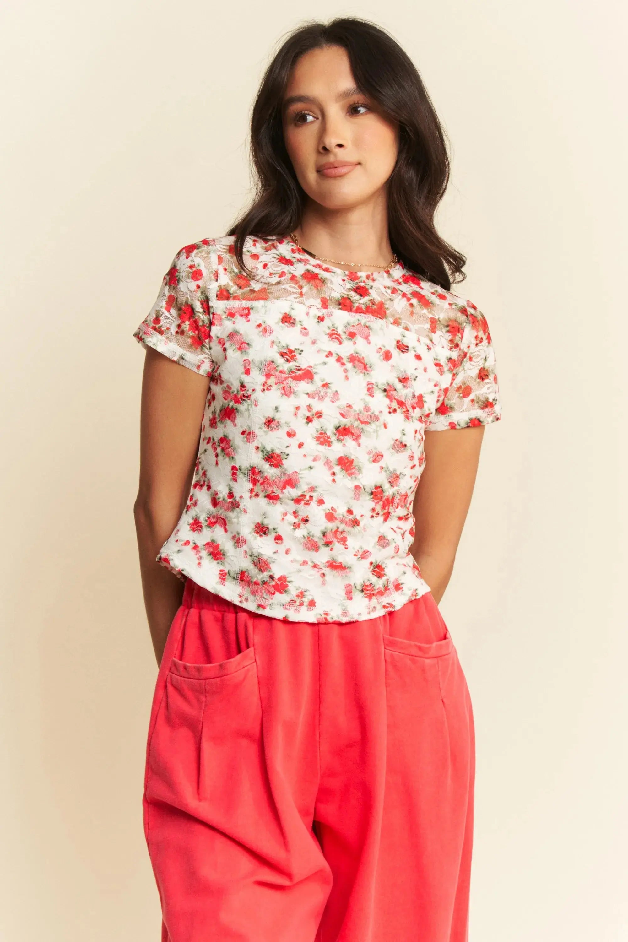 Davi & Dani Ribbon Short Sleeve Layered Mesh Shirt  Style Ratio