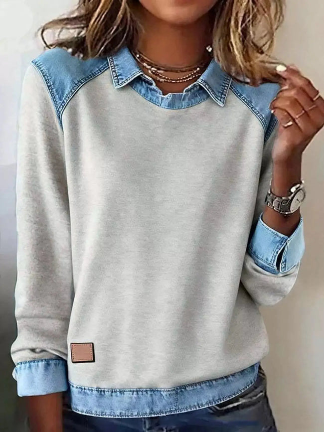 Full Size Denim Trim Long Sleeve Top  Style Ratio