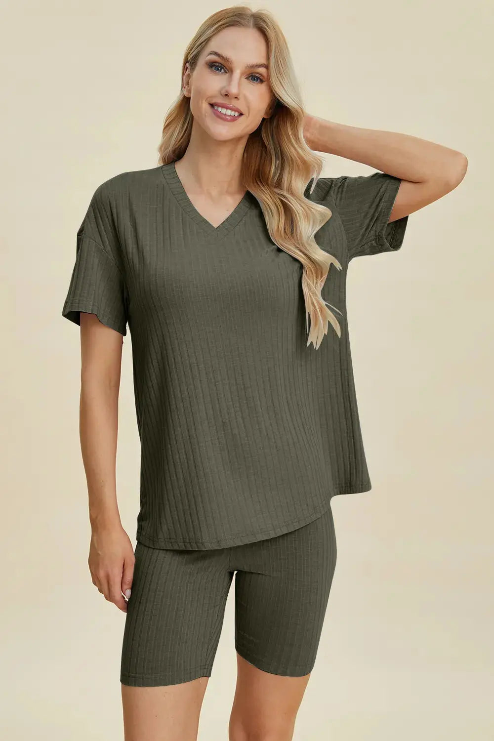 Basic Bae Full Size Ribbed V-Neck Short Sleeve Top and Shorts Loungewear  Style Ratio