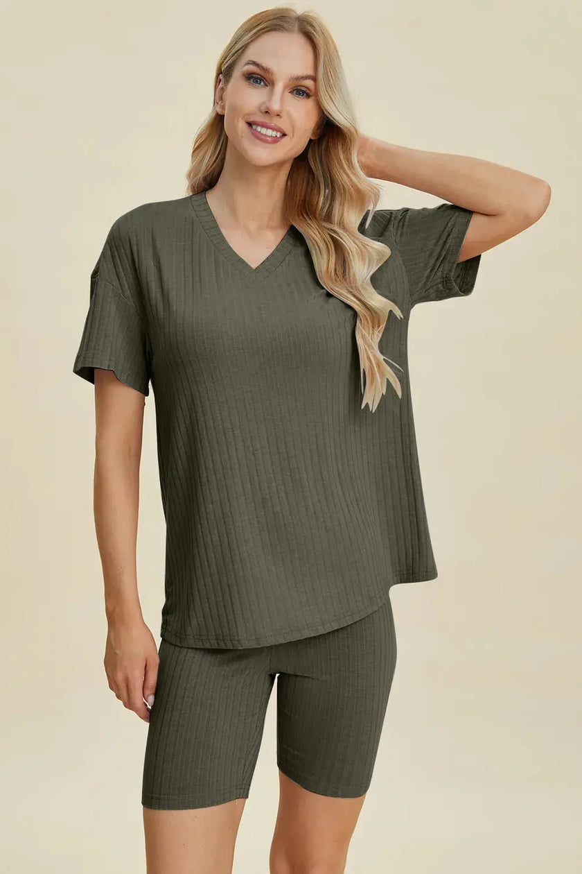 Basic Bae Full Size Ribbed V-Neck Short Sleeve Top and Shorts Loungewear  Style Ratio