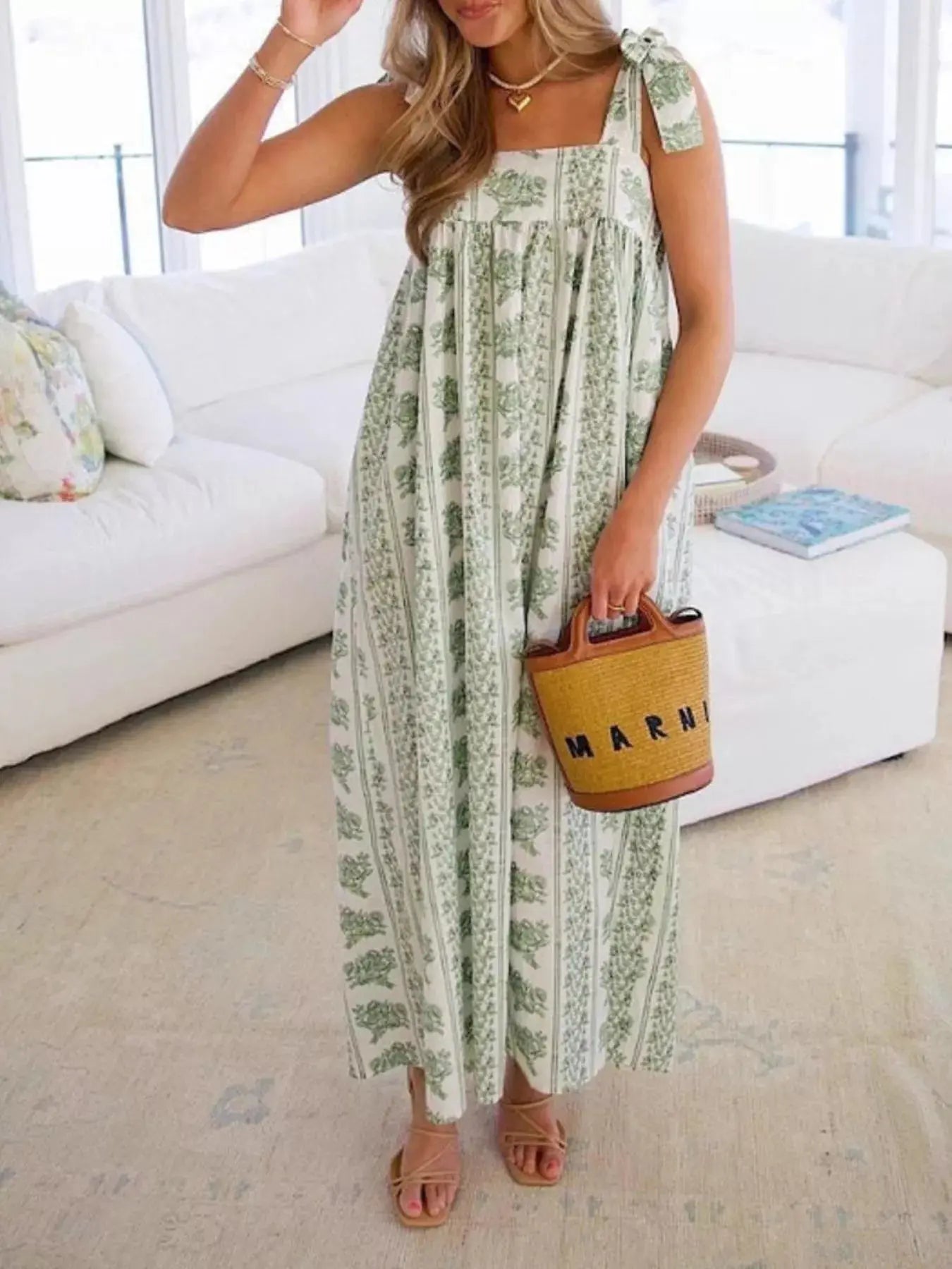 Elegant Floral Print Tie-Shoulder Dress  Style Ratio