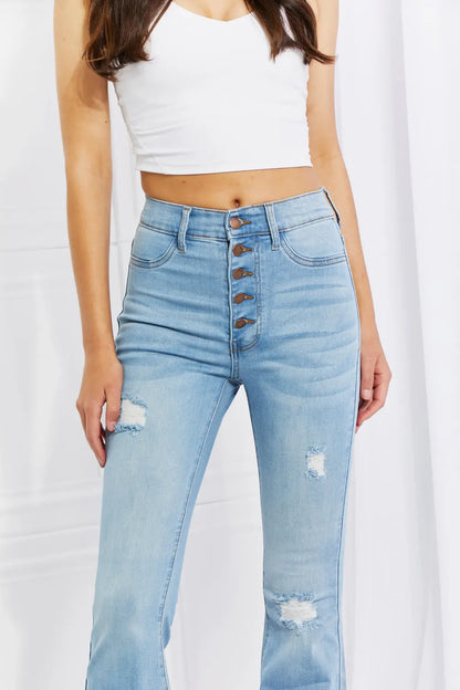 Vibrant MIU High Rise Button Flare Jeans Trendsi