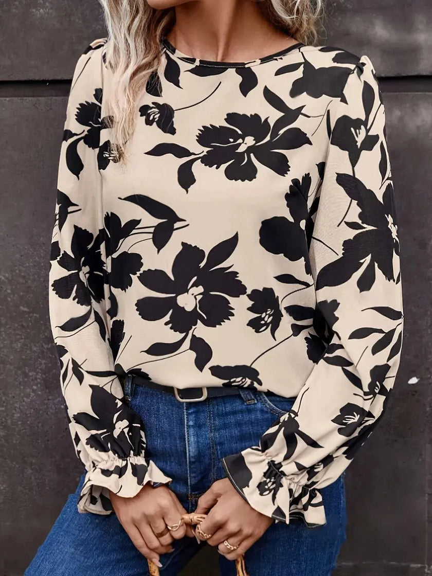 Bow Back Printed Round Neck Flounce Sleeve Blouse  Style Ratio