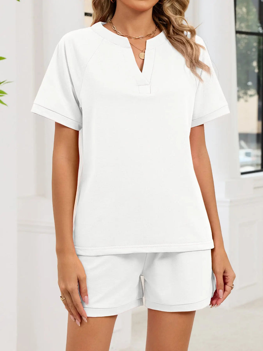 Notched Short Sleeve Top and Shorts Set  Style Ratio