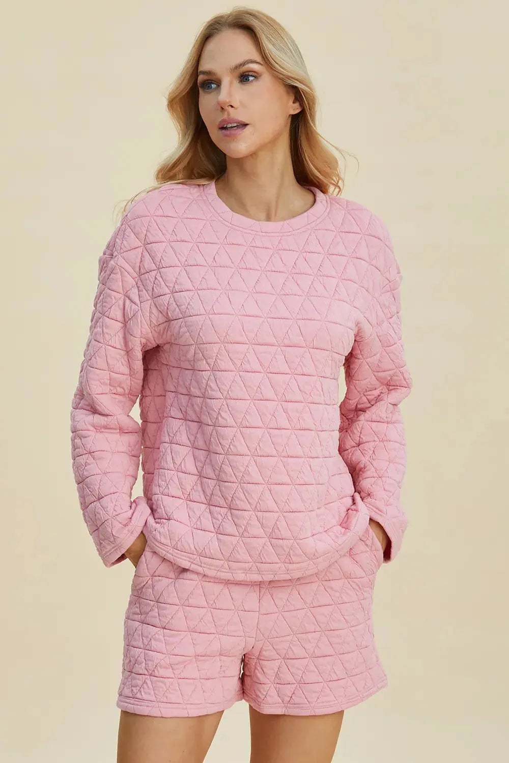 Double Take Texture Round Neck Long Sleeve Top and Shorts Set  Style Ratio