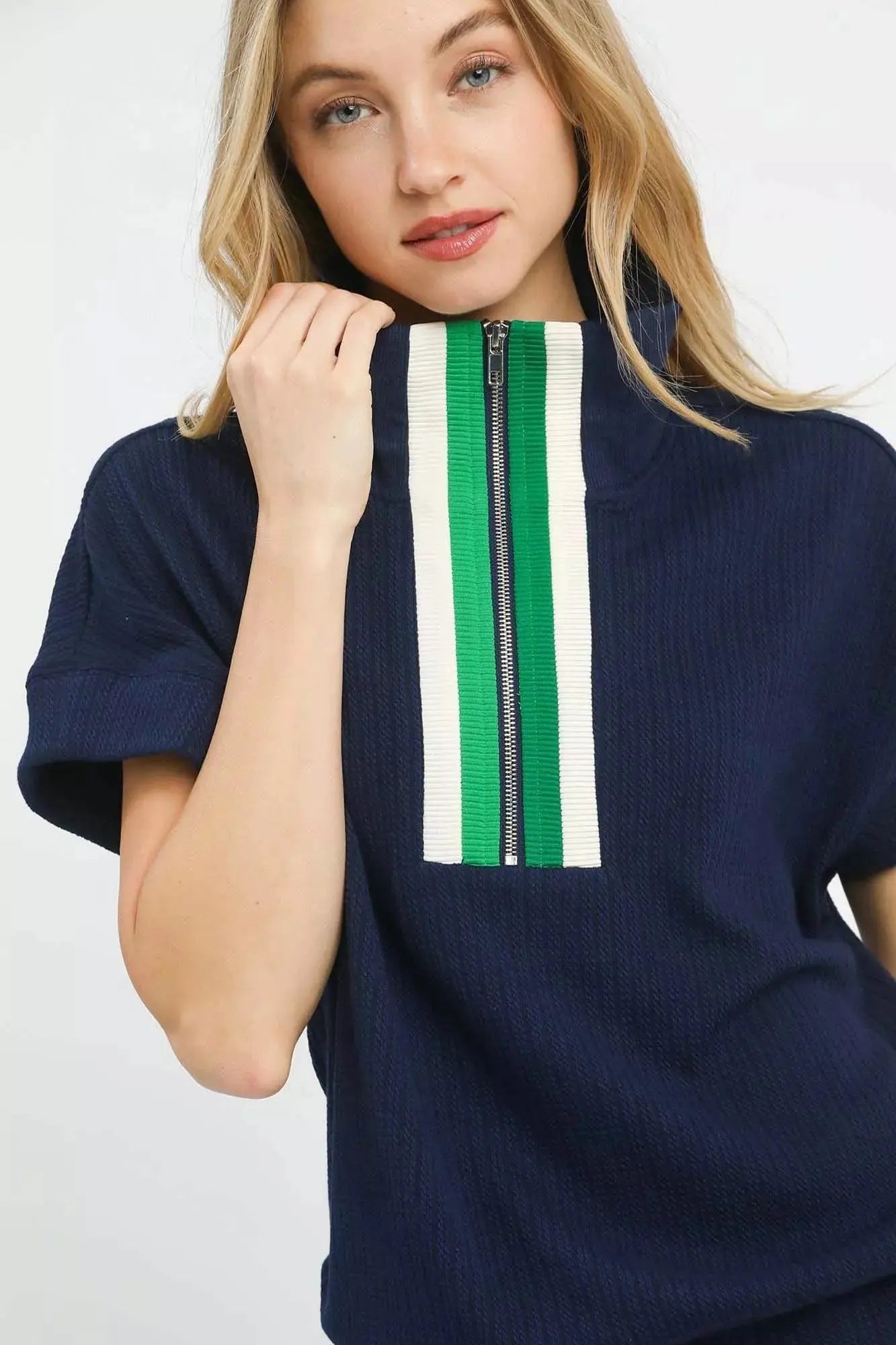 Umgee Textured Striped Zip Collar Knit Top  Style Ratio