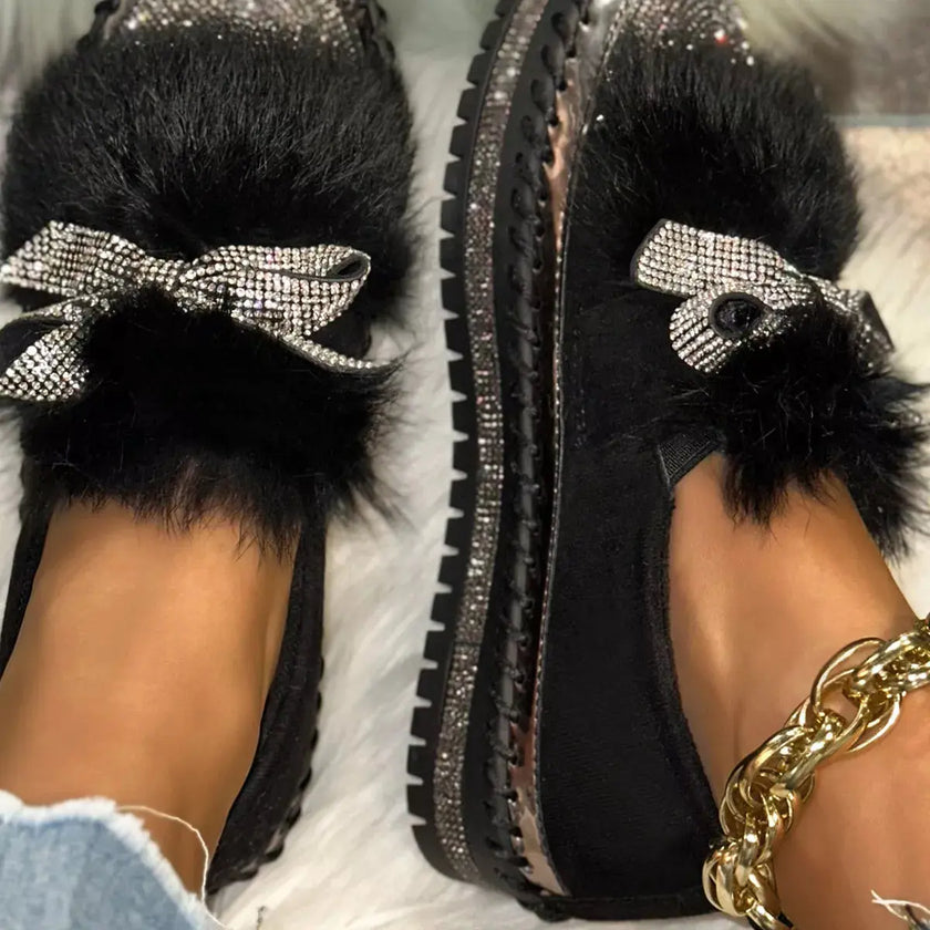 Fuzzy Bowknot Rhinestone Platform Loafers  Style Ratio