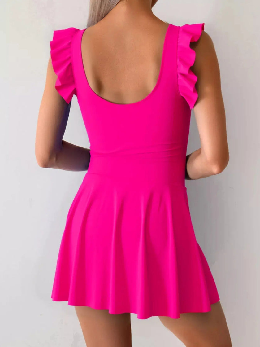 Ruffled Sleeve One-Piece Swim Dress  Style Ratio