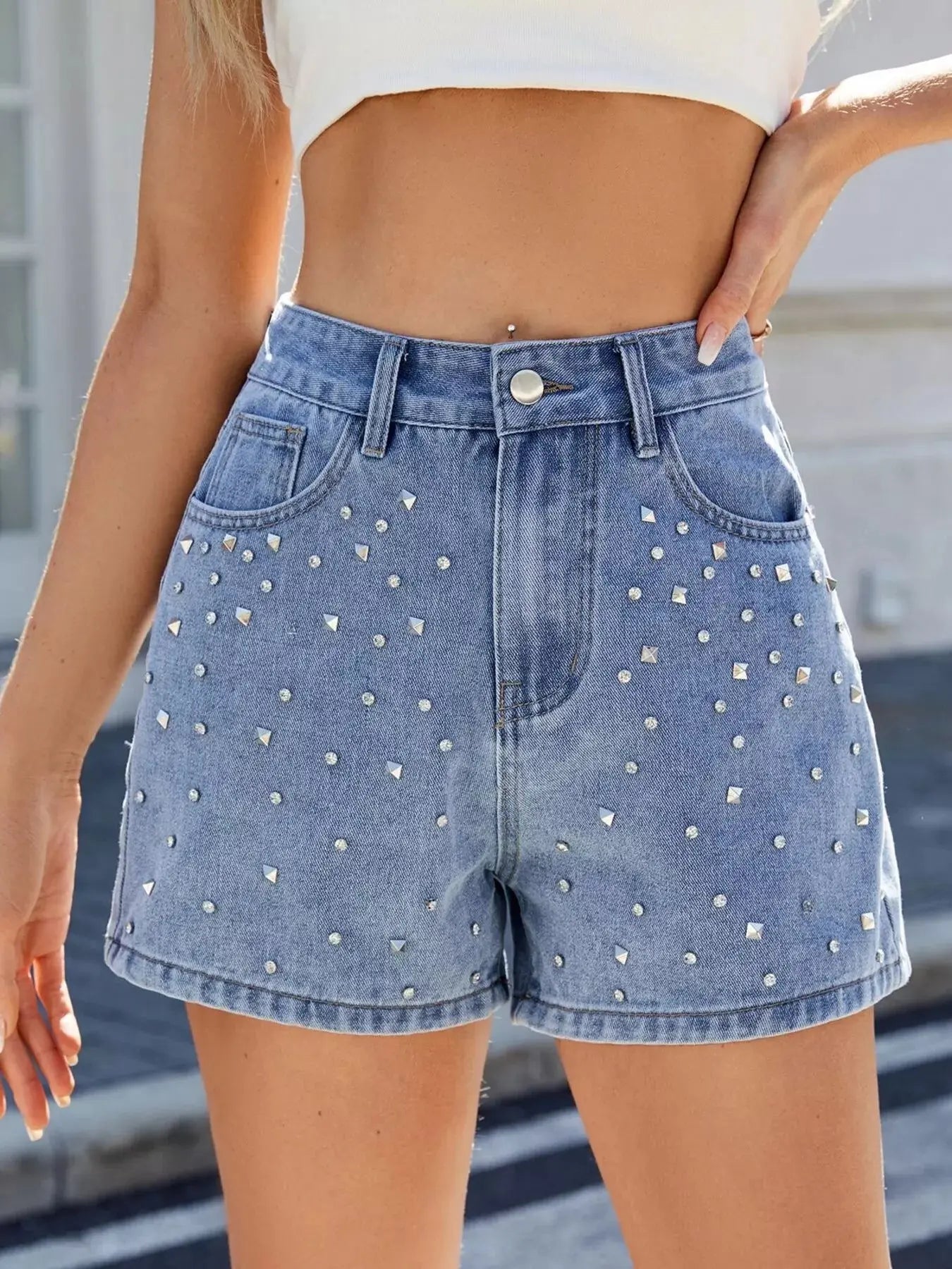 Studded High Waist Denim Shorts  Style Ratio