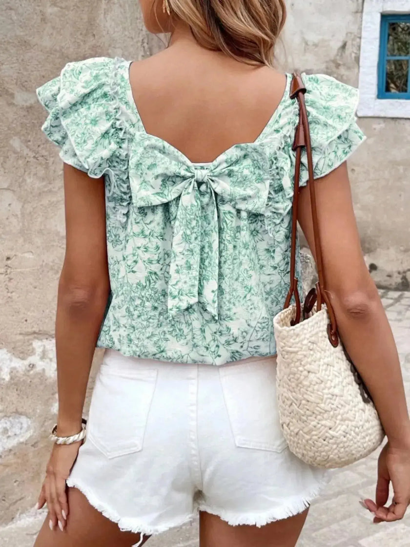 Floral Print Ruffle Trim Blouse  Style Ratio