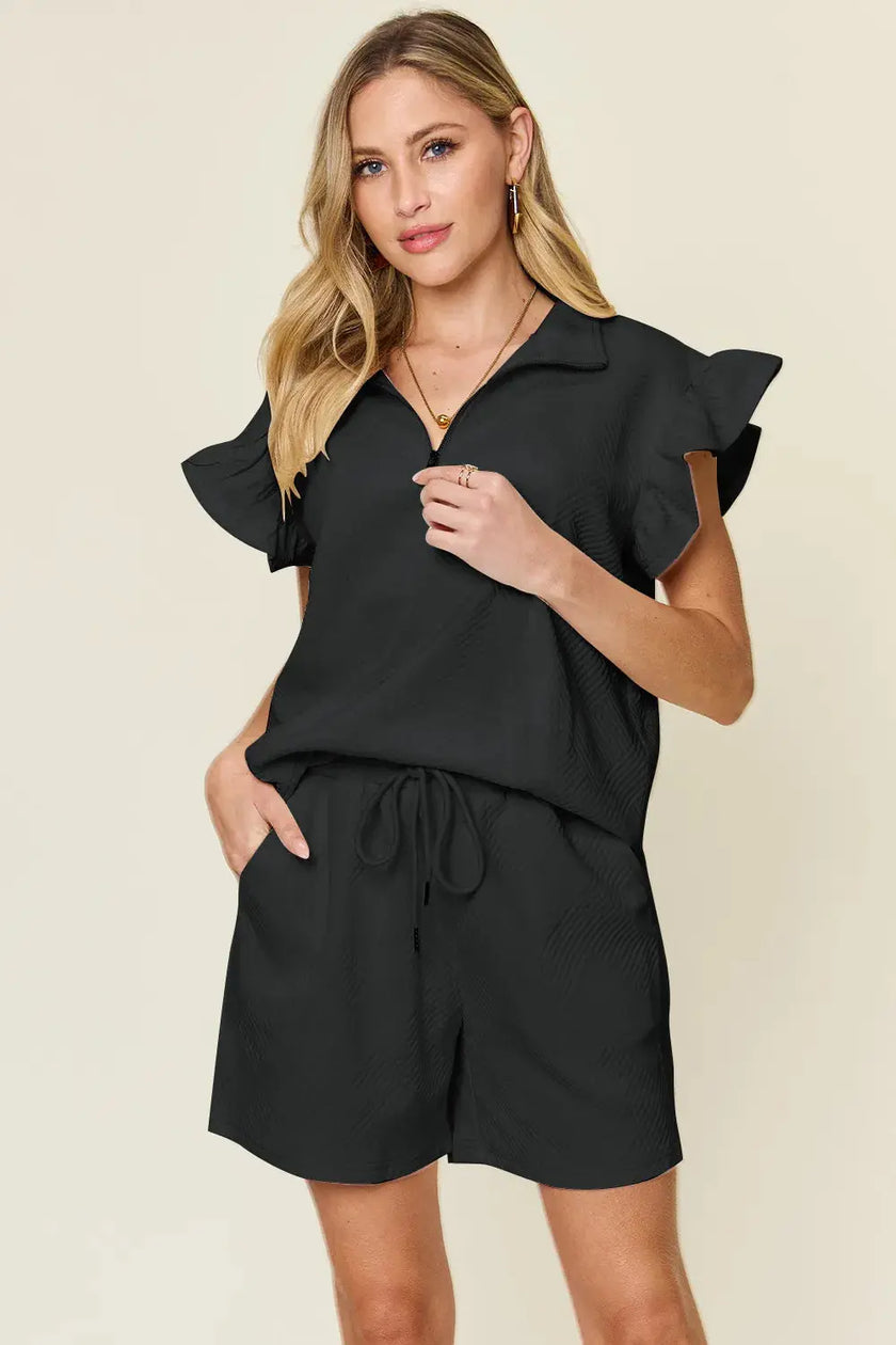 Double Take Texture Flounce Sleeve Top and Drawstring Shorts Set  Style Ratio
