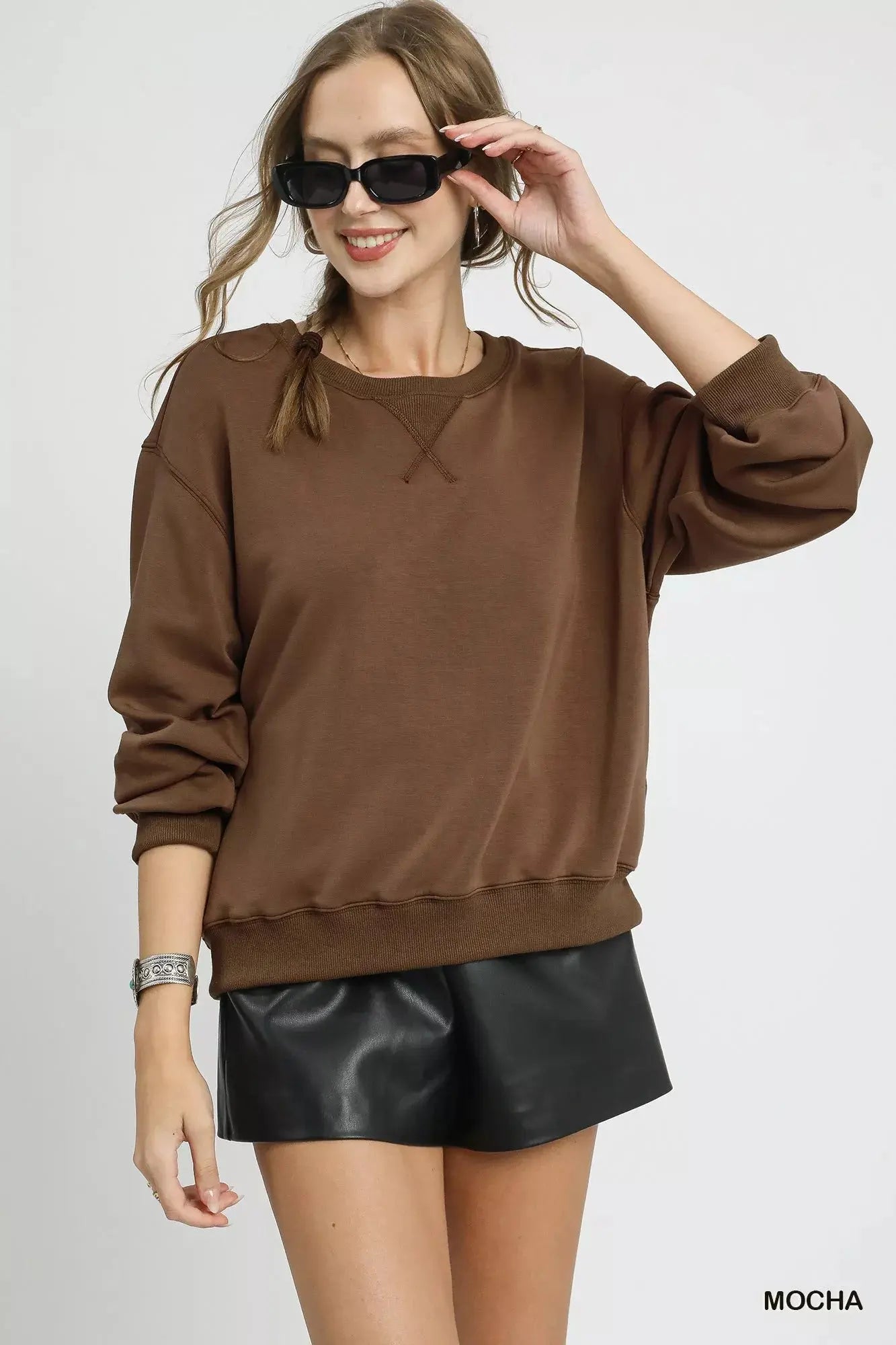 Umgee Round Neck Long Sleeve Fleece Sweatshirt  Style Ratio