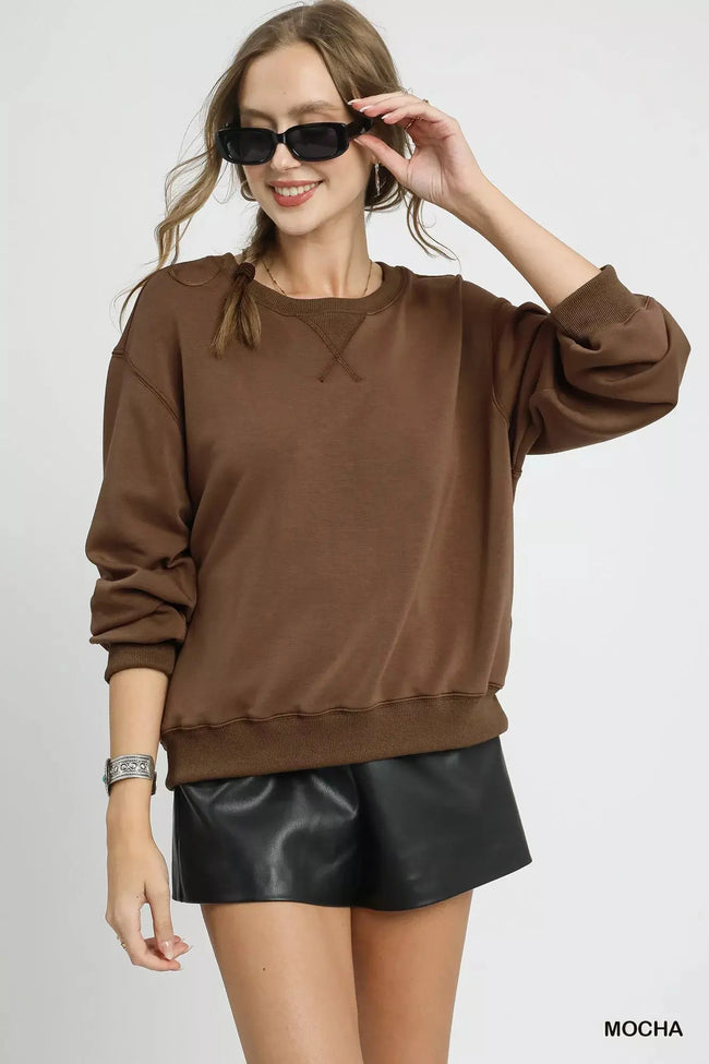 Umgee Round Neck Long Sleeve Fleece Sweatshirt  Style Ratio