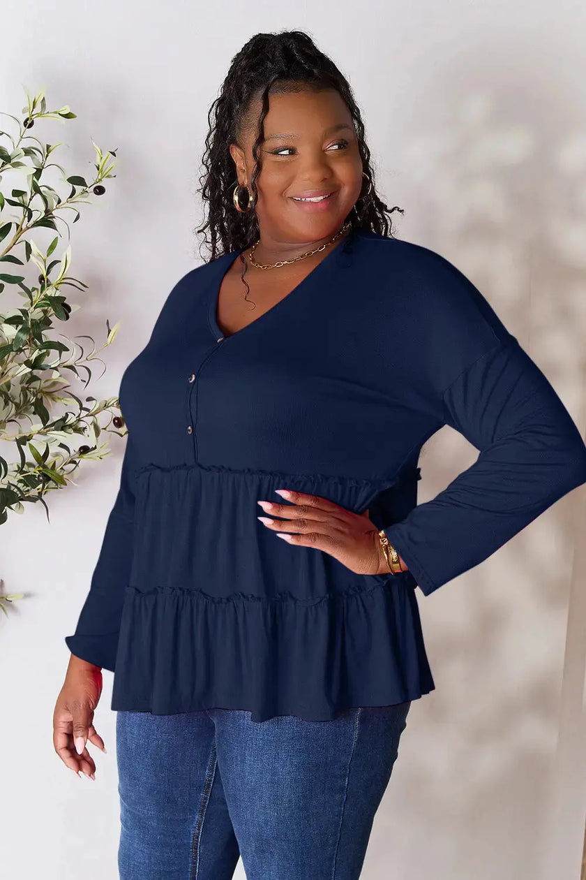 Double Take Half Button Long Sleeve Ruffle Hem Blouse  Style Ratio