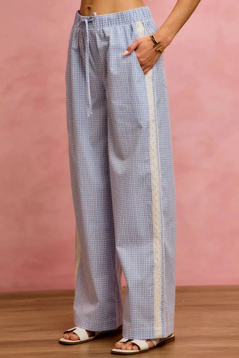 SO ME Wide Check  Pants With Side Lace Trim And Piping  Style Ratio