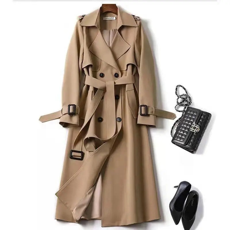 Women's Classic Trench Coat, Solid Color Long Sleeve Belted Mid-Length - Style Ratio