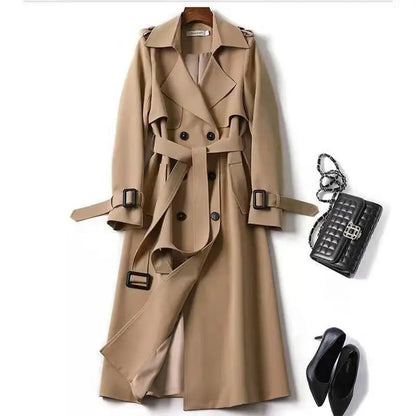 Women's Classic Trench Coat, Solid Color Long Sleeve Belted Mid-Length - Style Ratio
