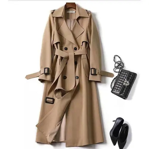 Women's Classic Trench Coat, Solid Color Long Sleeve Belted Mid-Length - Style Ratio