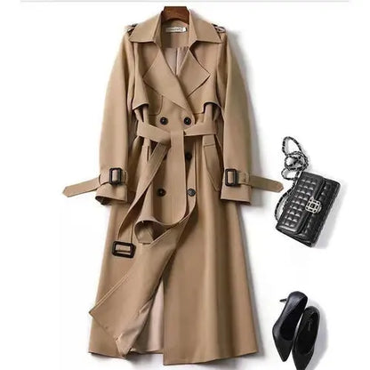 Women's Classic Trench Coat, Solid Color Long Sleeve Belted Mid-Length - Style Ratio