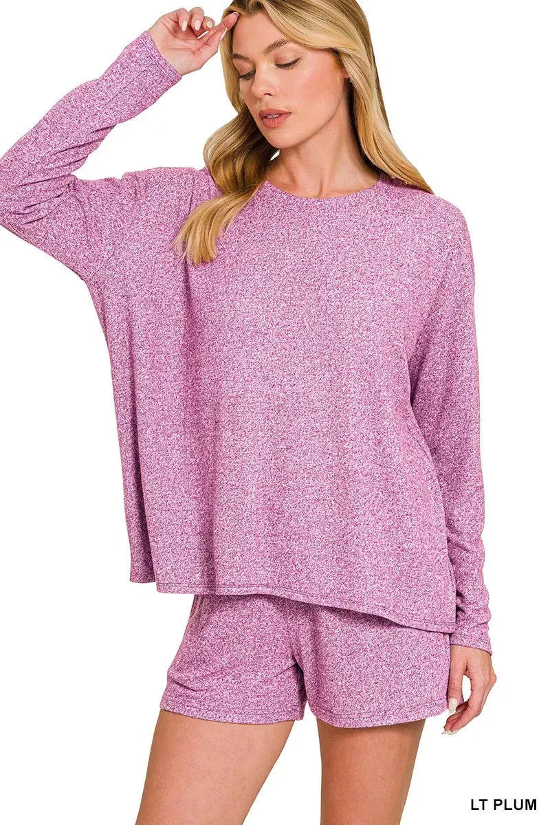 Zenana Soft Melange Long Sleeve Tee and Shorts Loungewear  Style Ratio