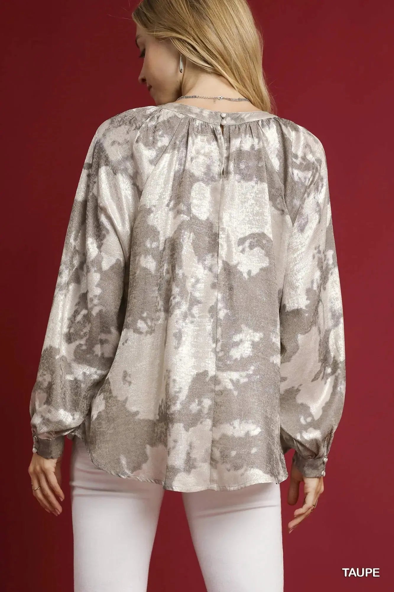 Umgee Full Size Metallic Fabric Blouse with Balloon Sleeves  Style Ratio