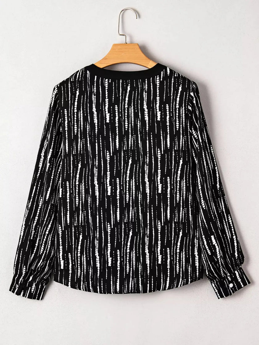 Abstract Printed Notched Long Sleeve Blouse  Style Ratio