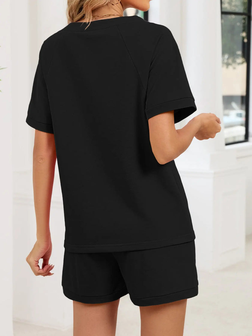 Notched Short Sleeve Top and Shorts Set  Style Ratio