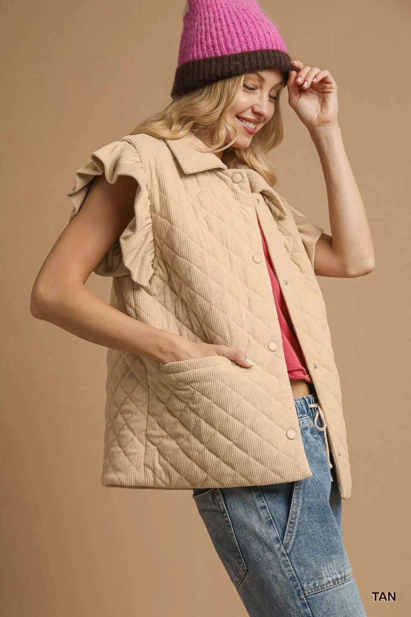 Umgee Corduroy Quilted Ruffle Sleeve Vest  Style Ratio