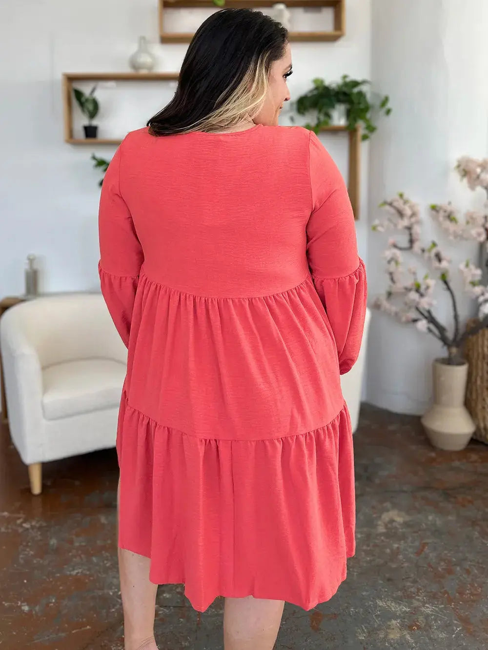 Double Take Full Size V-Neck Balloon Sleeve Tiered Dress with Pockets  Style Ratio