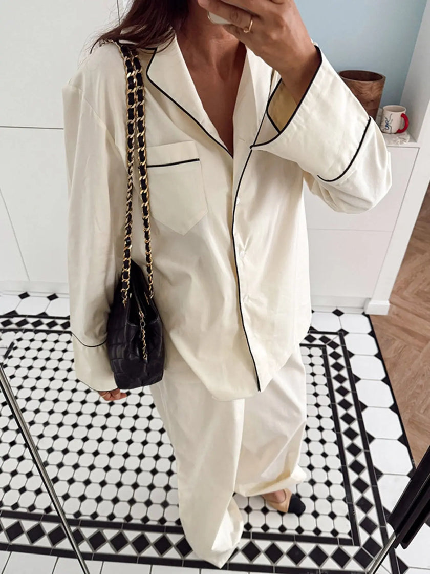 Contrast Trim Button Up Top and Pants Lounge Set  Style Ratio