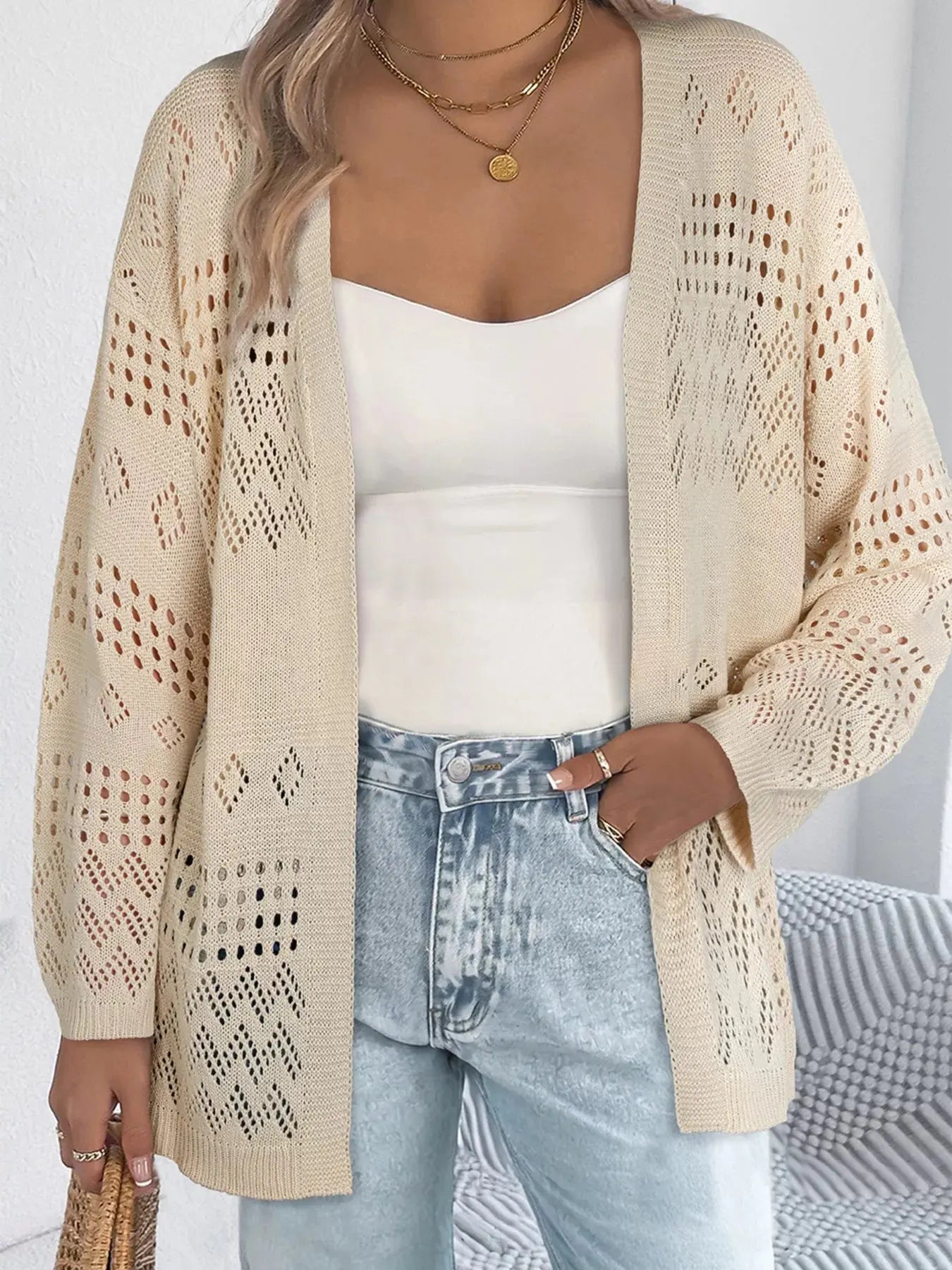 Hollowed Knit Open Front Cardigan  Style Ratio