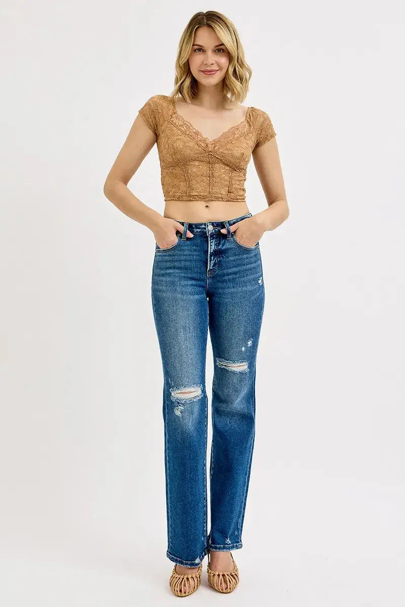 RISEN Full Size Tummy Control High Rise Straight Distressed Jeans  Style Ratio