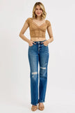 RISEN Full Size Tummy Control High Rise Straight Distressed Jeans  Style Ratio