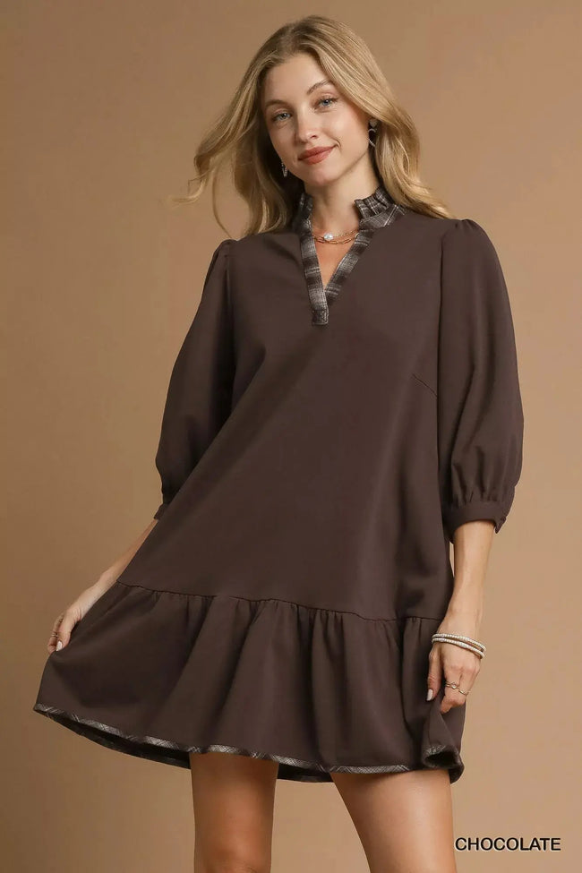 Umgee French Terry Ruffle Hem Dress with Plaid Trim  Style Ratio
