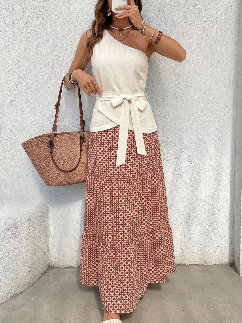 One-Shoulder Top and Geometric Print Maxi Skirt Set  Style Ratio