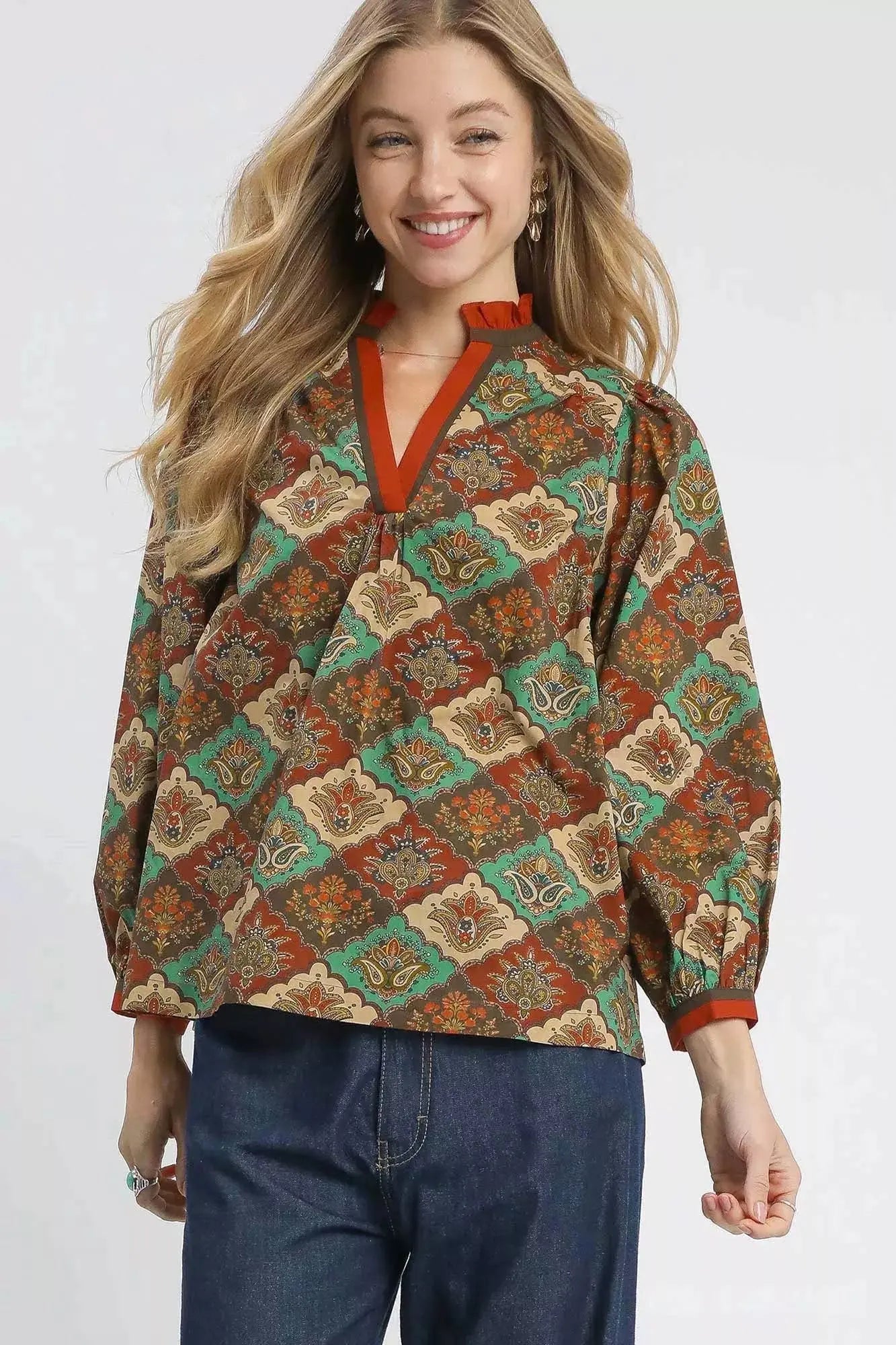 Umgee Abstract Print Ruffle Neck Blouse  Style Ratio