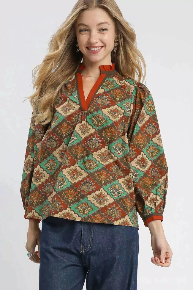 Umgee Abstract Print Ruffle Neck Blouse  Style Ratio