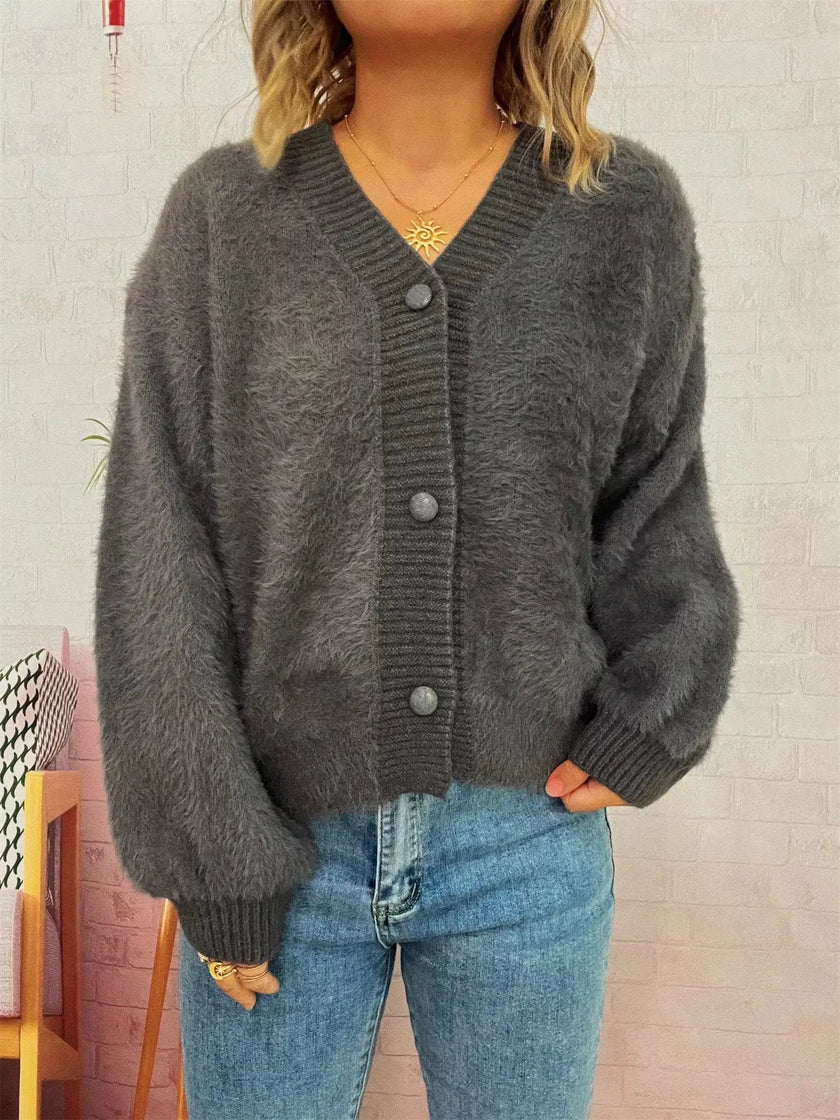 Fuzzy Button-Up Long Sleeve Cardigan  Style Ratio