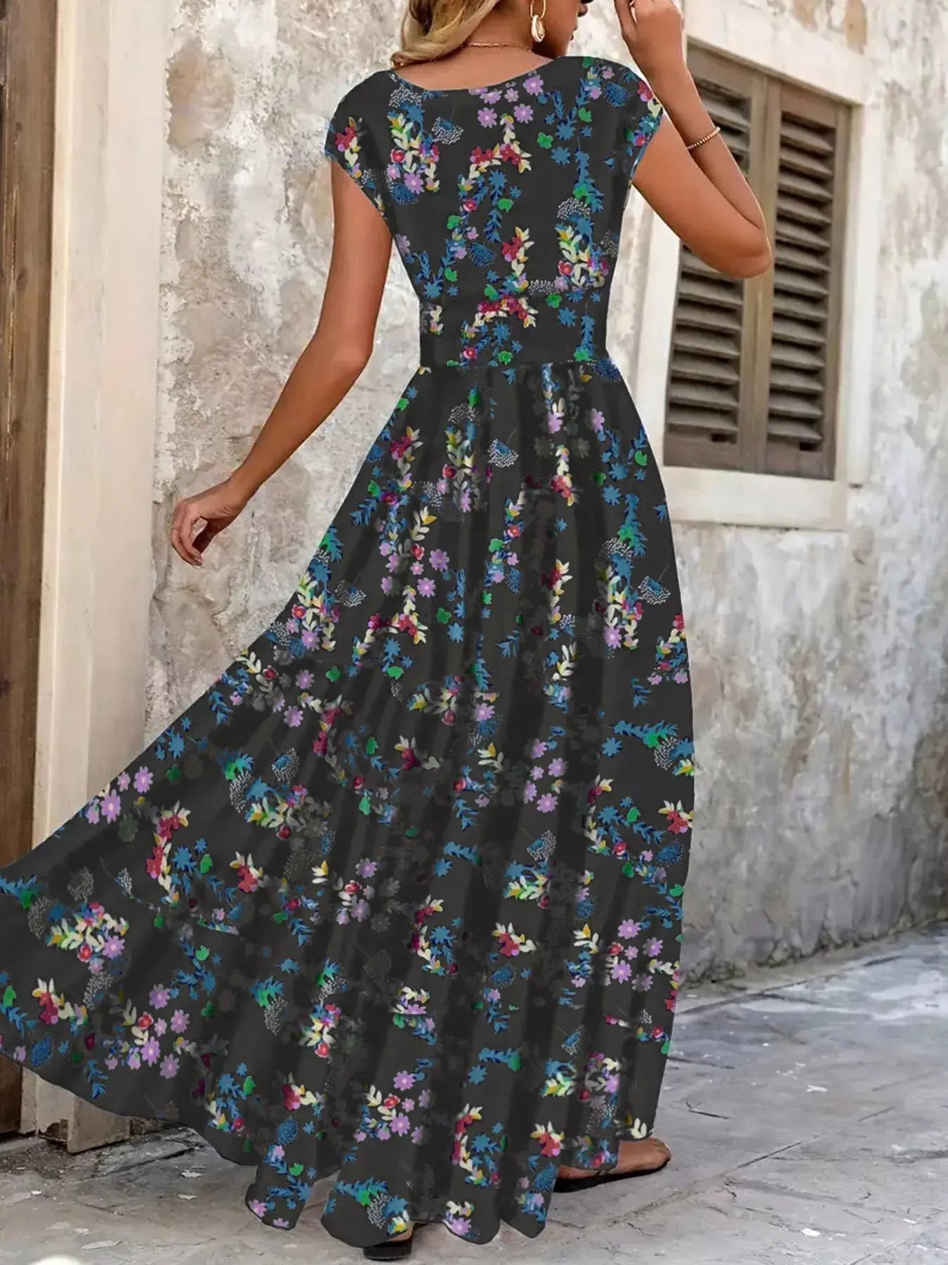 Printed V-Neck Cap Sleeve Maxi Dress  Style Ratio