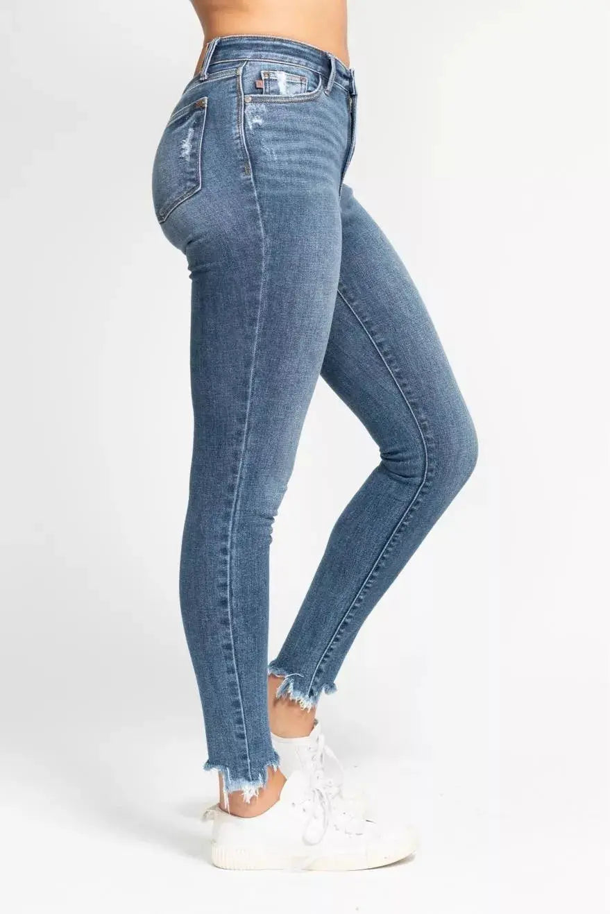 Judy Blue High Waist Skinny Jeans with Destroy & Shark Bit Hem  Style Ratio