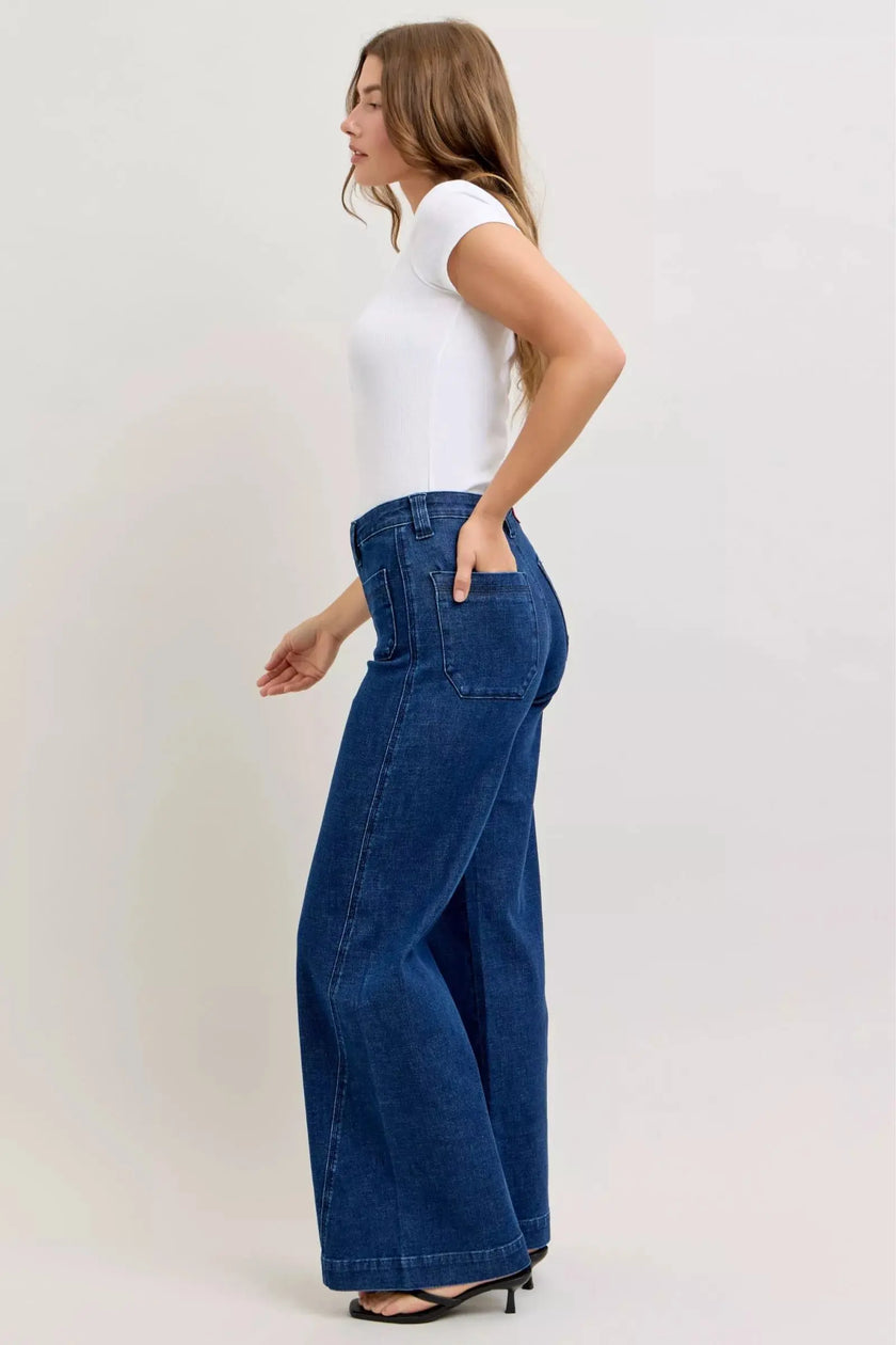 Judy Blue High-Waisted Retro Wide Jeans with Patch Pkts & Twisted Seams  Style Ratio