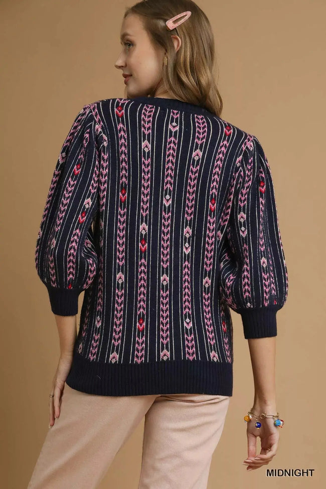 Umgee Jacquard Knit Puff Sleeve Sweater  Style Ratio