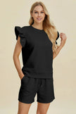 Double Take Full Size Texture Round Neck Ruffle Sleeve Top and Shorts Set  Style Ratio