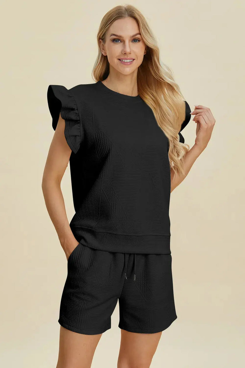 Double Take Full Size Texture Round Neck Ruffle Sleeve Top and Shorts Set  Style Ratio