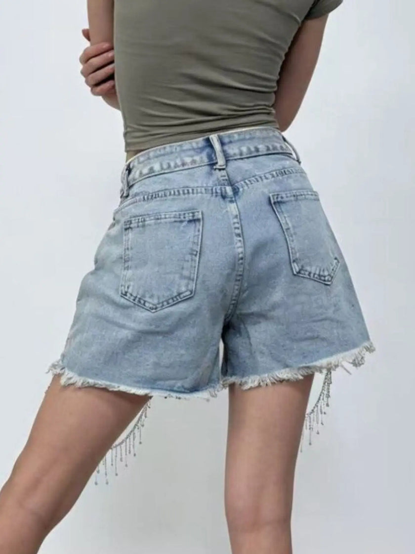 Rhinestone Chain Raw Hem Denim Shorts  Style Ratio