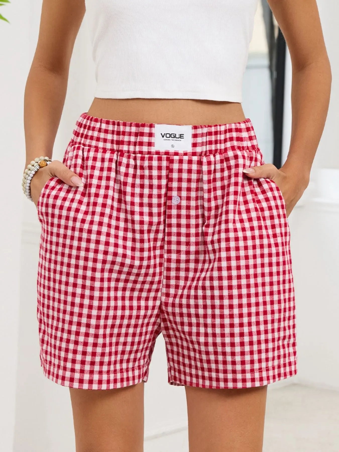 Gingham Elastic Waist Casual Shorts  Style Ratio