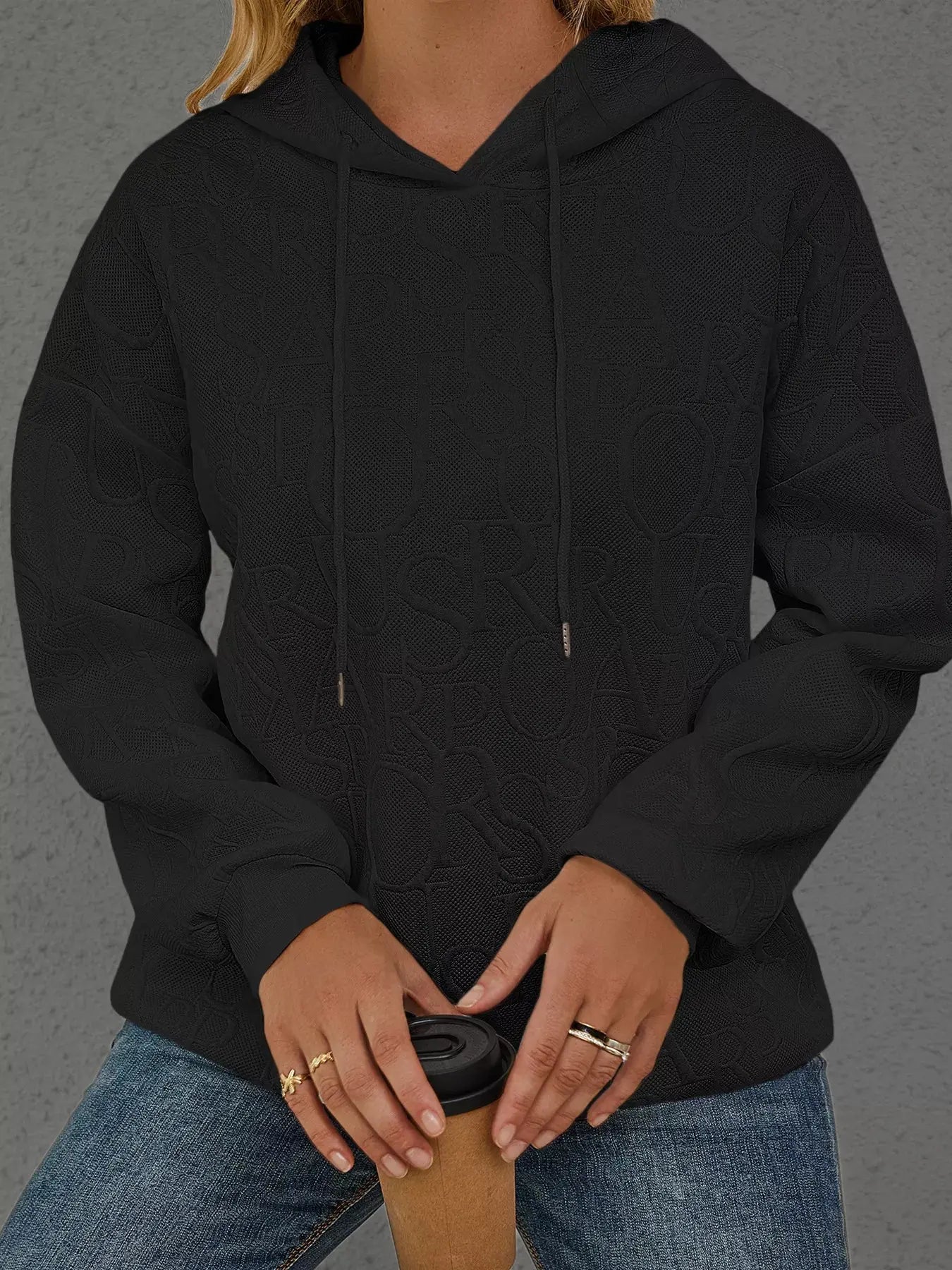 Full Size Embossed Lettering Casual Hoodie  Style Ratio