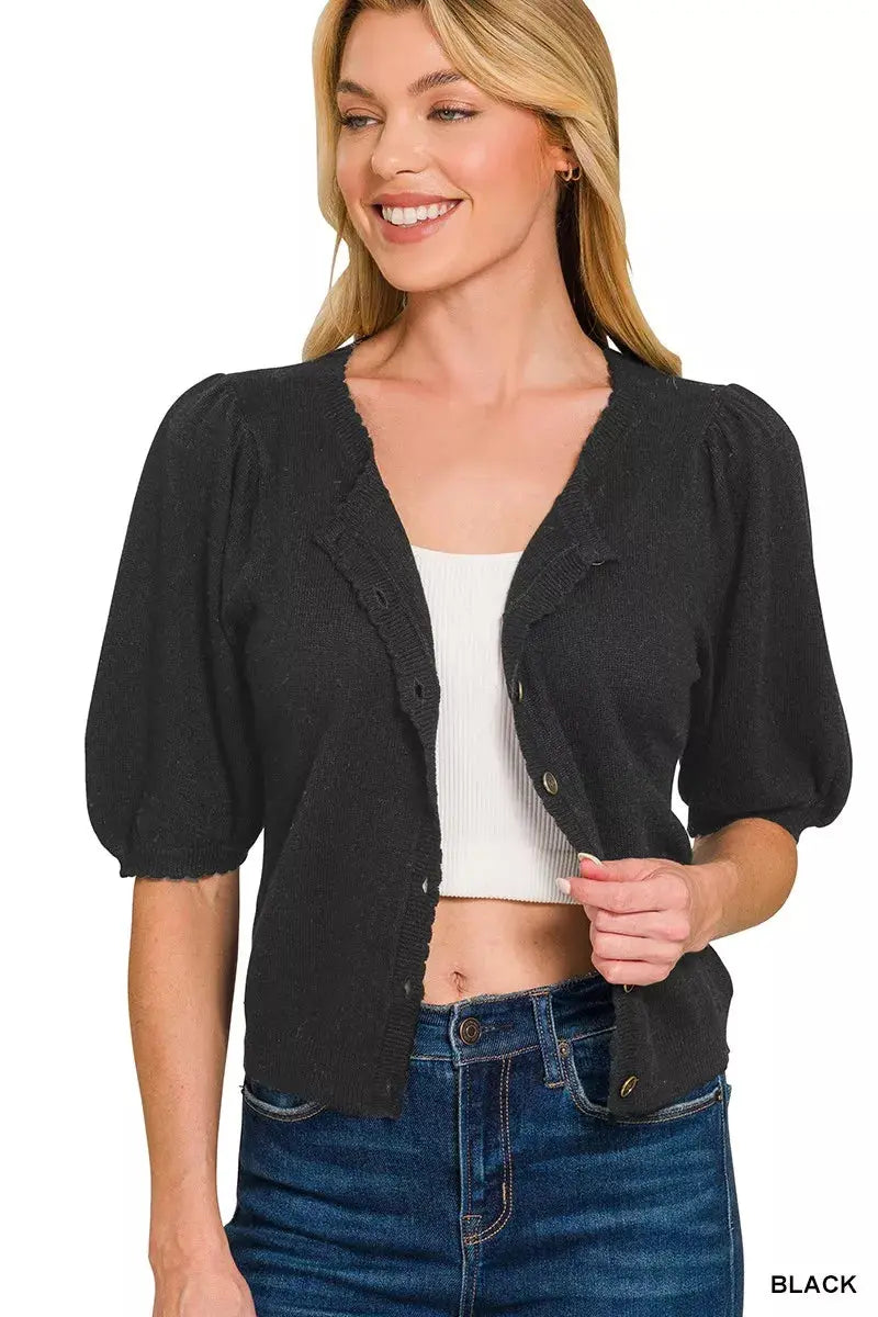 Zenana Puff Sleeve Wool Sweater Cardigan  Style Ratio