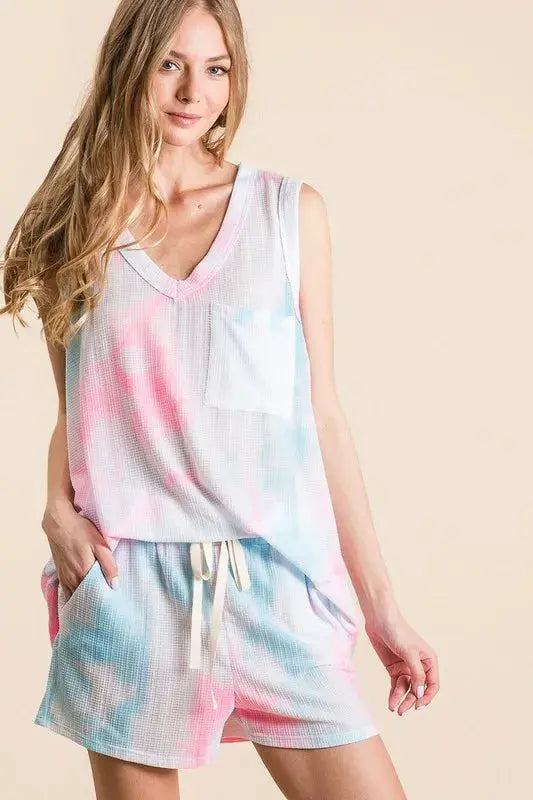 BiBi Tie Dye Textured Knit Top and Shorts Set  Style Ratio