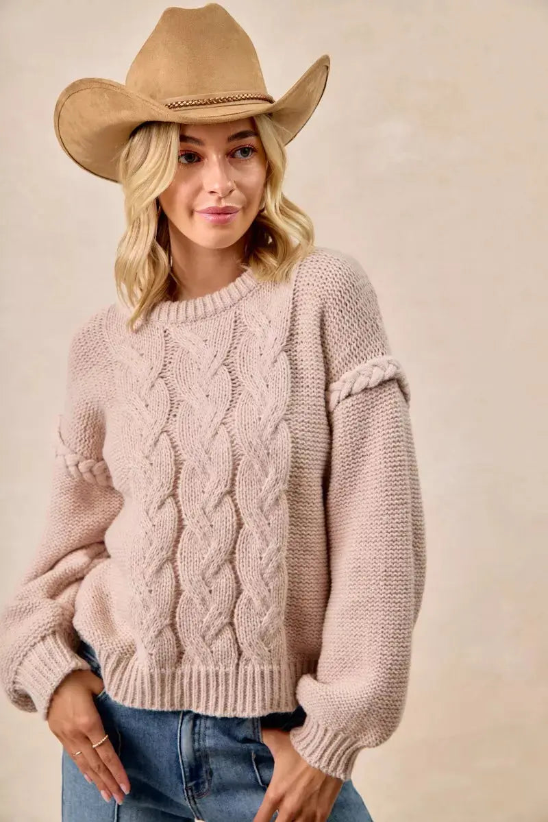 BiBi Cable Knit Sweater with Shoulder Braid Detail  Style Ratio